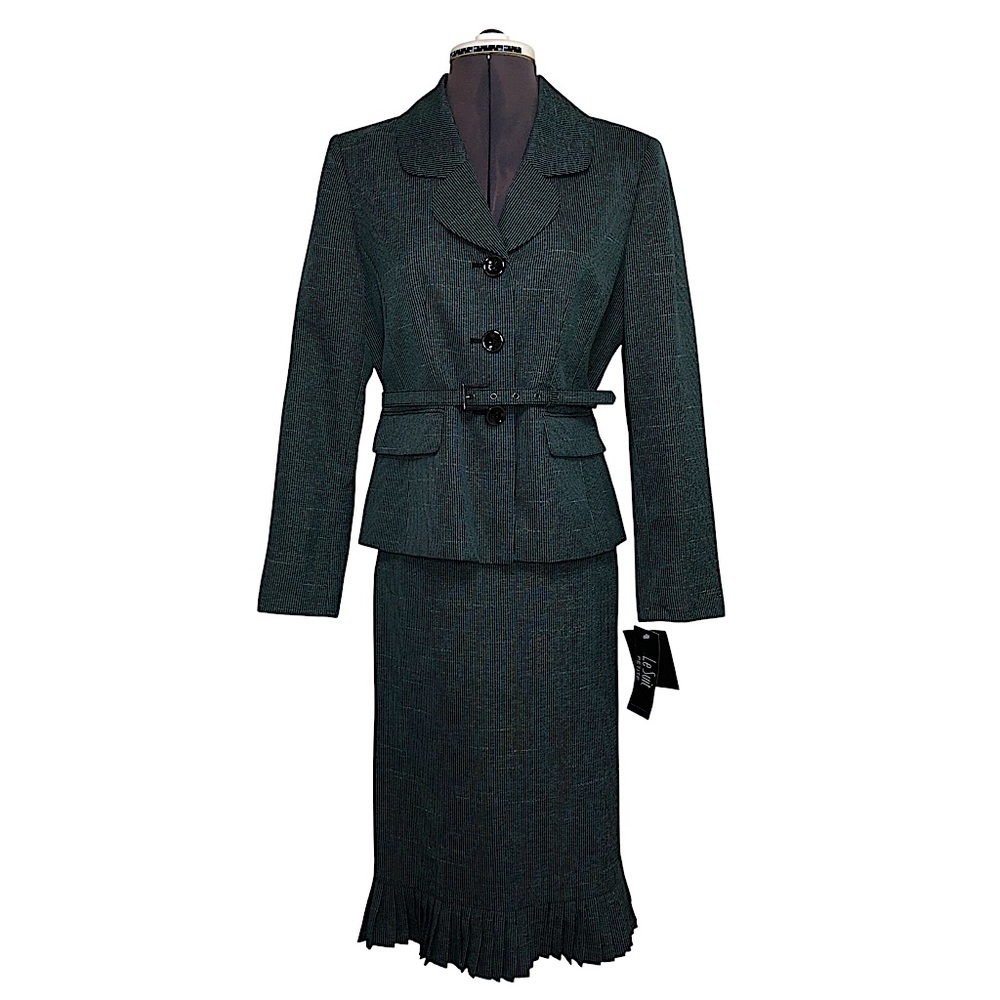 Le Suit Polyester Green Black Fringe Hem Detail 2PC Skirt Belted Suit 8P
